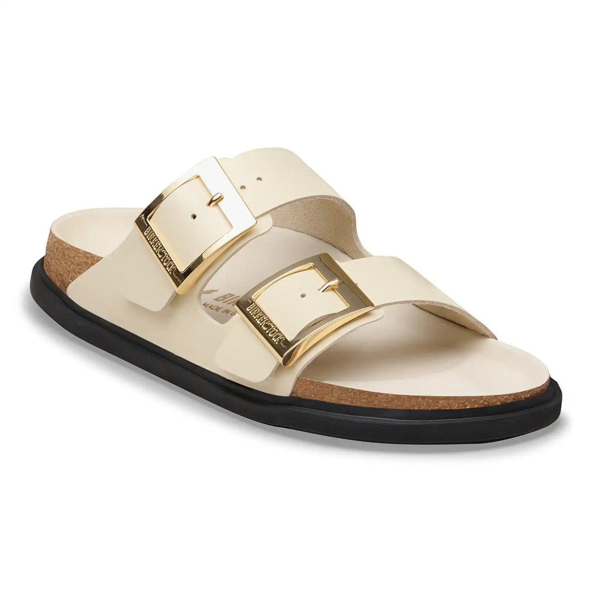 Arizona Droplet Buckle Natural Leather Patent High Shine Ecru